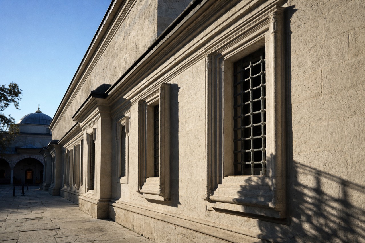 Barred windows and carved stone facade of the Imperial Treasury building in a Topkapi Palace courtyard under raking side light