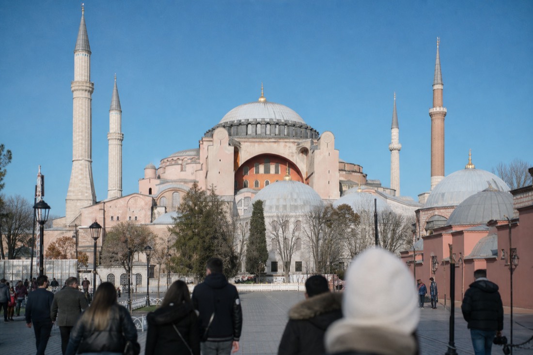 The great dome and minarets of Hagia Sophia in Istanbul under a clear sky