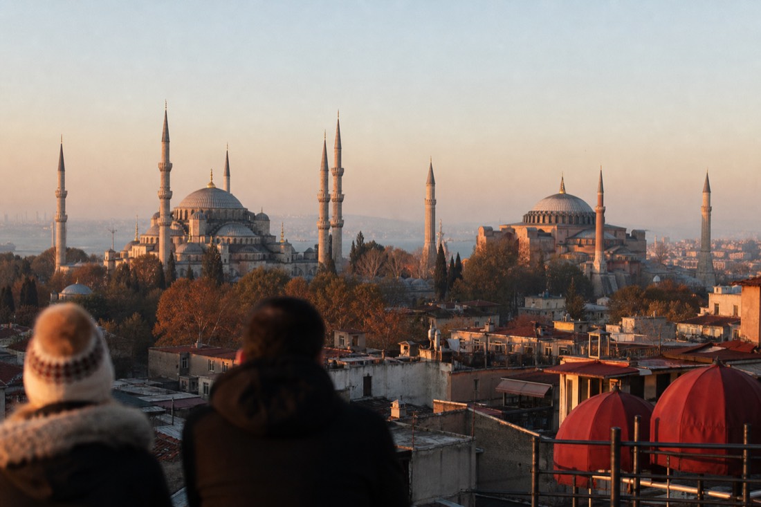 The domes and minarets of the Blue Mosque and Hagia Sophia across Sultanahmet in Istanbul's old city